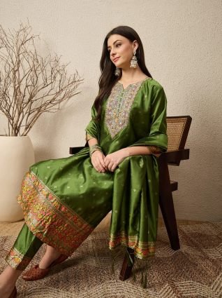 Yoke Design Silk Blend Straight Suit With Dupatta